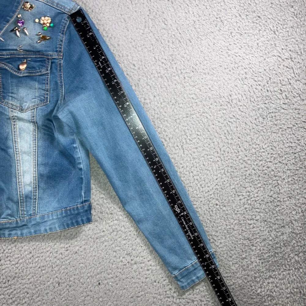 Embellished Beaded Denim Jacket Womens XL Blue Y2K indie Boho Chic Statement